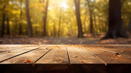 Wooden platform with a blurred autumn backdrop.
