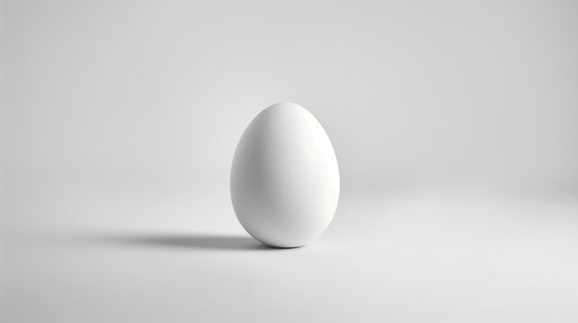 Single white egg on a white background with copy space. Minimalist concept for design and print. Food photography, simplicity and purity concept.