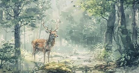 watercolor deer in the forest, hyperdetailed - obrazy, fototapety, plakaty