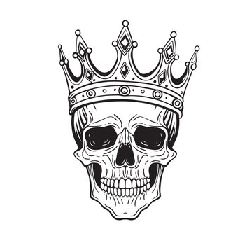 monochrome Hand drawn skull with a crown on its head,, outline drawing, coloring page