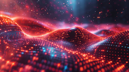 Futuristic abstract digital landscape with dynamic waves and particles