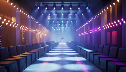 Fashion Runway Extravaganza: A glamorous runway set with runway lights, VIP seating, and high-fashion showcases for fashion events - obrazy, fototapety, plakaty