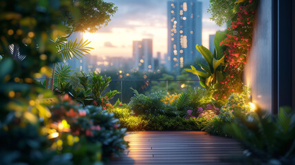 Obraz premium Tranquil urban rooftop garden at dusk with city skyline