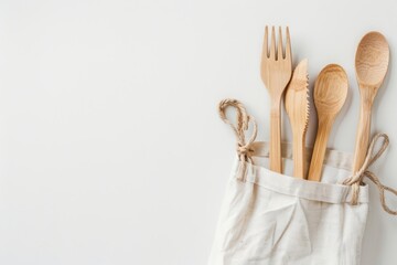 Eco-friendly bamboo cutlery set in biodegradable canvas bag on white background