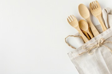 Eco-friendly bamboo cutlery set in a reusable canvas bag on a white background
