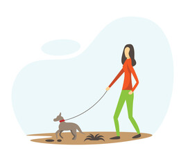 Woman Walking a Dog Flat Style. Leisure and pet care vector art