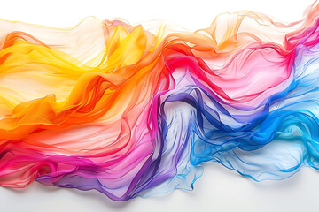 Vibrant colorful waves cascade gracefully against a pristine white background, offering a captivating abstract composition - obrazy, fototapety, plakaty