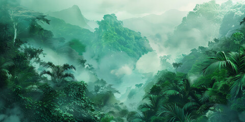 The jungle scenery, shrouded in fog, in a style that merges detailed rendering, nature painter, and nature-based patterns.