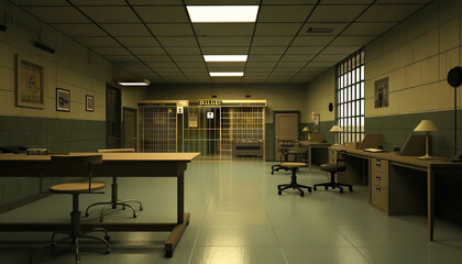 Crime Drama Police Precinct: A police precinct set with interrogation rooms, holding cells, and detective desks for crime drama series.
