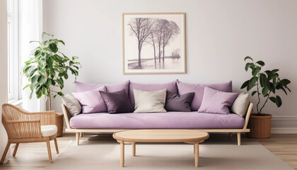 A stylish living room with a purple sofa plants and a picture of trees on the wall