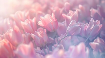 Pink Tulips Blooming in Field - obrazy, fototapety, plakaty