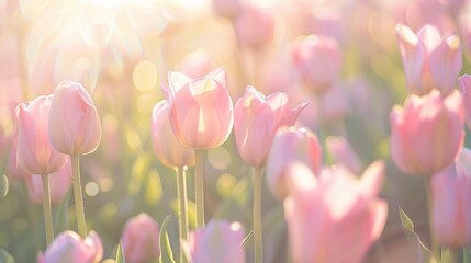 Field of Pink Tulips in Sunlight