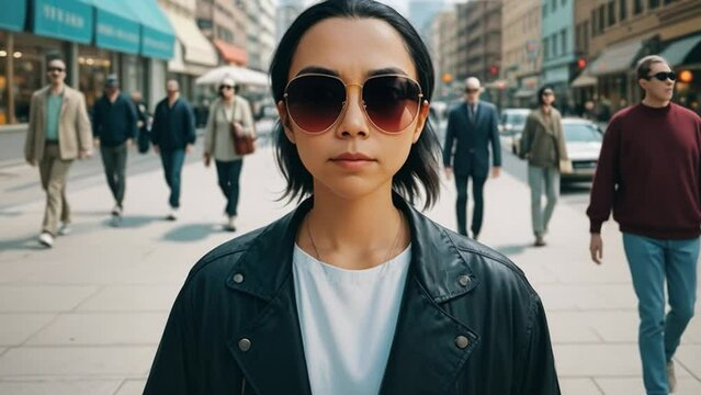 Woman in sunglasses and leather jacket on busy city street. Fashionable urban look confident stance in pedestrian zone.