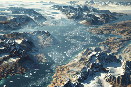 Aerial view of Greenland, glaciers thinning, juxtaposed with arid lands, highlighting global warming