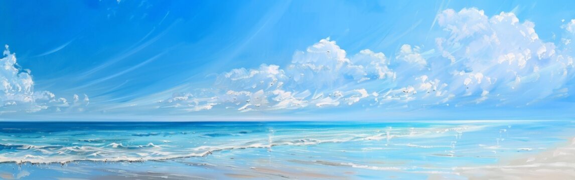 A Painting of a Beach Scene With Blue Sky and White Clouds