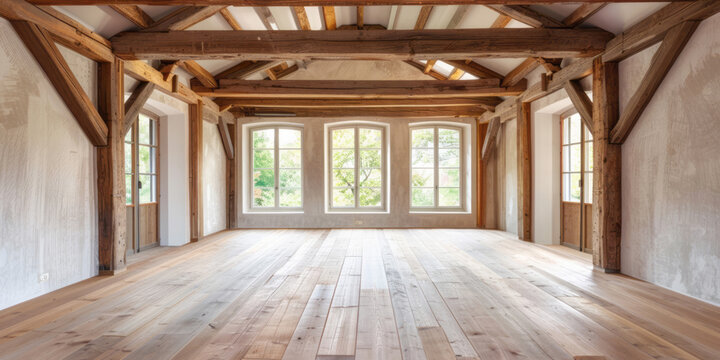 An empty room with wood beams and wooden floors in a style that includes rustic renaissance realism and mid-century aesthetics.