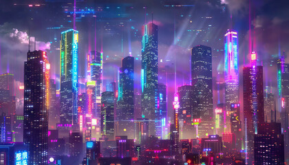 Fototapeta na wymiar Science Fiction Cyber City: A cyberpunk city set with neon lights, futuristic skyscrapers, and virtual reality interfaces for sci-fi dramas