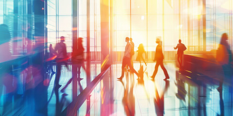Sunlight shines on business people walking next to a desk, their movement captured in a style that emphasizes balanced asymmetry, multicultural influences, and gestural markings.