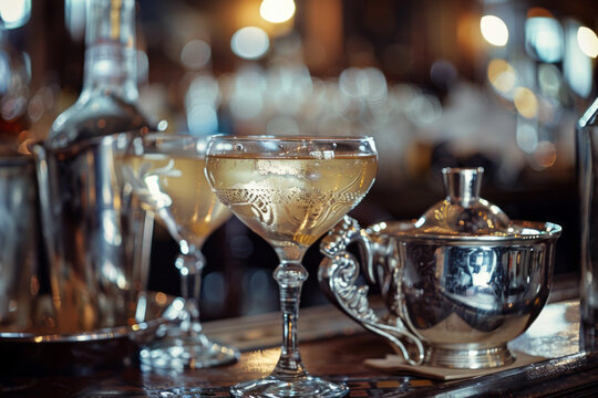 Champagne cocktails and brunch await, depicted in a style that includes light bronze and amber tones, decorative vessels, and shallow depth of field.