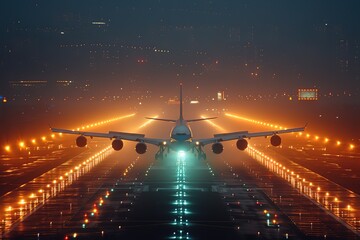 A cargo plane landing at night, with runway lights guiding the way - obrazy, fototapety, plakaty