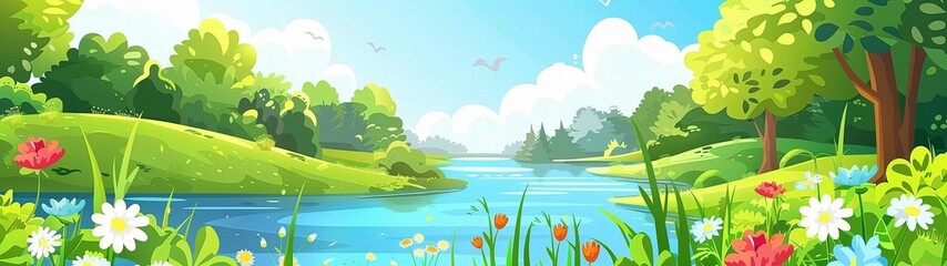 A large-format background with a spring and summer landscape. The awakening of Nature - obrazy, fototapety, plakaty