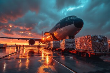A cargo plane preparing for takeoff, its engines roaring to life, while ground crew members...