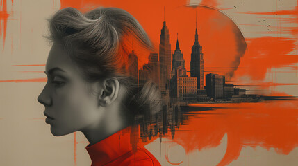 Digital collage in style of realism combined with surrealistic elements. Grey and orang colours. Head of blond girl and view of towers of the city in the back. Selective focus. Abstract photo 