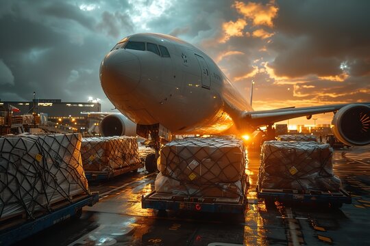 A cargo plane loading and unloading goods at a busy international airport
