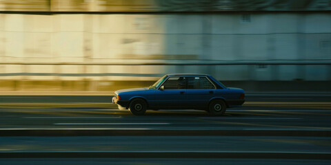 A blue automobile driving down the freeway in a style that includes auto body works, elegance, and emotive faces. - obrazy, fototapety, plakaty
