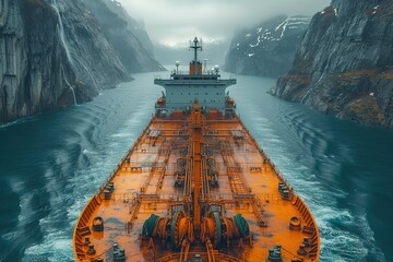 A cargo ship gliding through a breathtaking fjord, surrounded by towering cliffs and serene waters, with crew members on deck ensuring the safe passage - obrazy, fototapety, plakaty