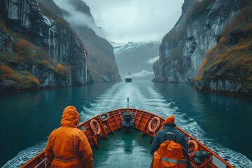 A cargo ship gliding through a breathtaking fjord, surrounded by towering cliffs and serene waters, with crew members on deck ensuring the safe passage - obrazy, fototapety, plakaty