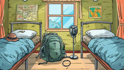 Travel Adventure Backpacker Hostel: A backpacker hostel set with dormitory beds, travel maps, and adventure gear for travel shows