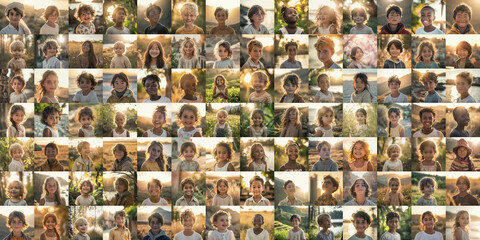 Panorama portrait collage of children from around the world happy outdoors