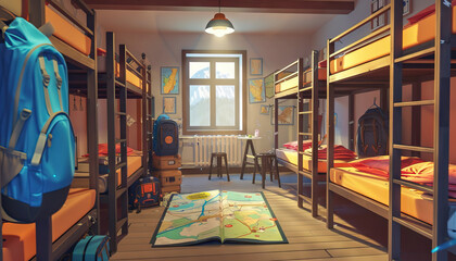 Travel Adventure Backpacker Hostel: A backpacker hostel set with dormitory beds, travel maps, and adventure gear for travel shows