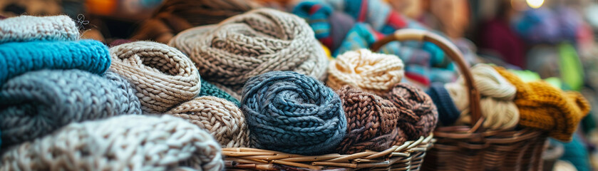Basket of knitted goods at a market, natural daylight, front view, emphasizing variety and detail - obrazy, fototapety, plakaty
