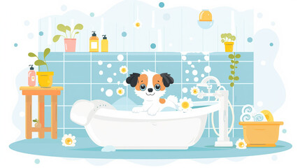 バスルームでバスタブで入浴する犬