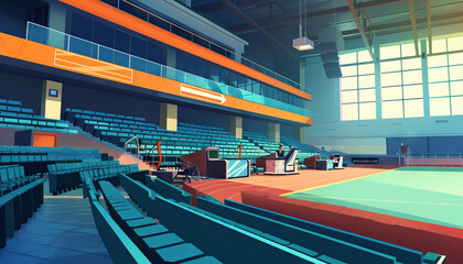 Competitive Sports Arena: A sports arena set with bleachers, sports equipment, and commentator booths for sports competitions - obrazy, fototapety, plakaty