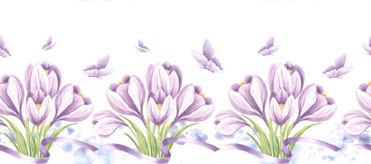 Violet crocuses with butterflies and ribbons seamless border. Hand drawn watercolor illustration spring saffron flower blossom Template background for fabric, wallpaper, scrapbooking, cover, textile.