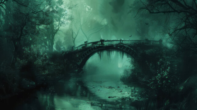 A bridge over water and dark forest in a style that merges nightmarish illustrations, halloween themes, gothic references, sparse backgrounds, and free brushwork.