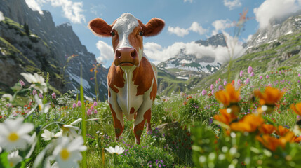 A cow standing in a field with flowers and mountains is portrayed in a style that includes caricature faces, close-up views, joyful elements, and impressive panoramas. - obrazy, fototapety, plakaty