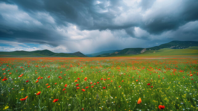 A bright field of colorful flowers in an awesome stormy sky in a style that merges dark, foreboding colors, dark orange and dark cyan tones.