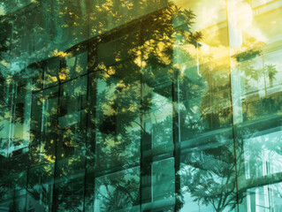A building with windows and trees in a style that includes light aquamarine and green tones, multiple exposure, glazed surfaces, and solarization effect.