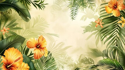 A tropical and floral background with tropical flowers in a style that merges unique framing and composition, realistic scenery, kitsch and camp charm, and colorful elements.