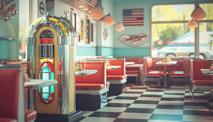 Vintage Retro Diner: A retro diner set with jukebox, diner booths, and classic American diner decor for nostalgic show