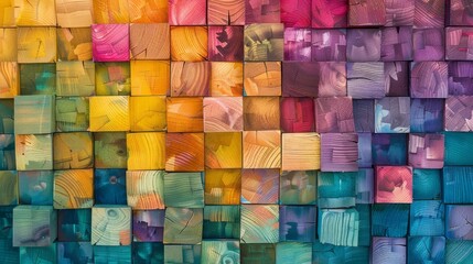 A rainbow-colored pattern of wooden blocks in a style that merges textile collages, macro perspectives, textile installation, textured pigment planes, miniature and small-scale paintings