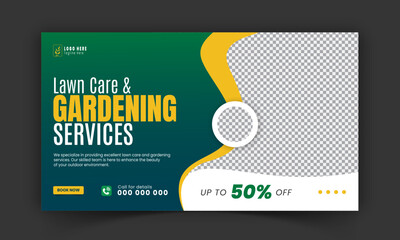 Organic food and agriculture service YouTube video thumbnail design, modern lawn mower garden, or landscaping service social media cover or post template with abstract green and yellow color shapes