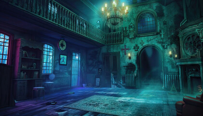 Haunted Mansion Escape Room: A spooky escape room set with puzzles, hidden clues, and eerie props for mystery and escape-themed shows. - obrazy, fototapety, plakaty