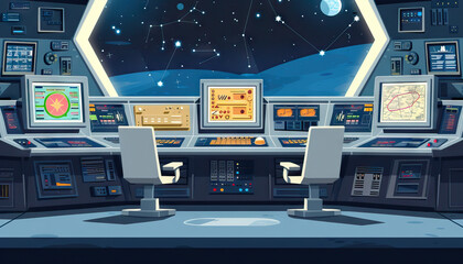 Space Exploration Command Center: A space command center set with mission control consoles, star maps, and space exploration equipment for space exploration series