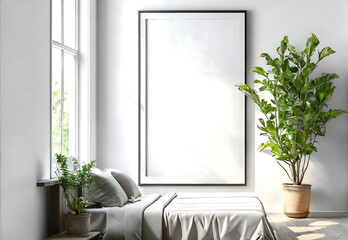 Empty Mockup Picture Frame on Cozy Bedroom white Wall. Black wooden picture frame mockup green plant tree in pot. mock-up template. White wall background.  Scandinavian interior backdrop. mock up.