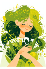 A woman with green hair is holding a plant in her arms